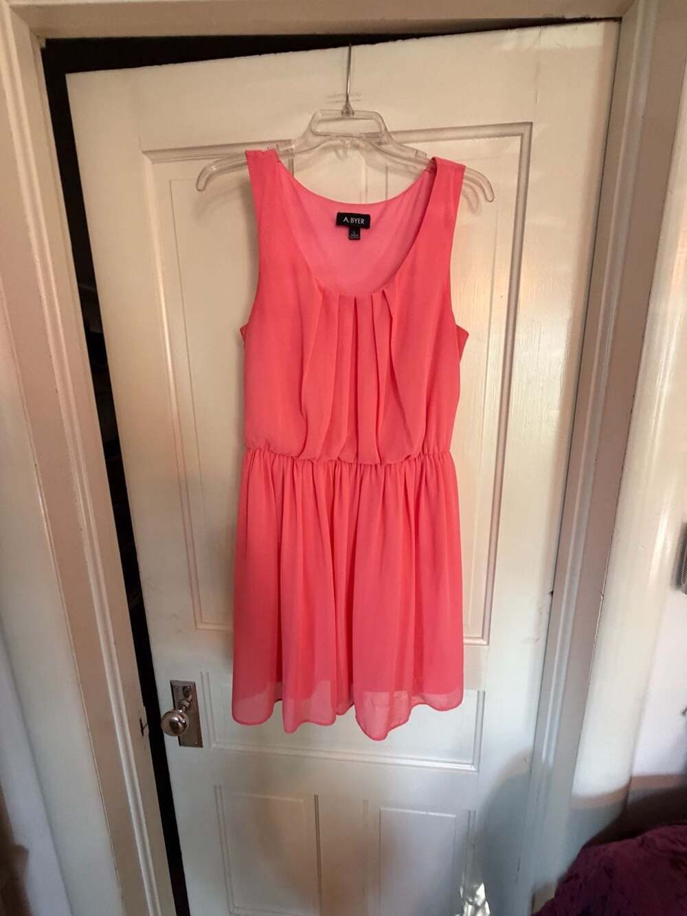 A. Byer Coral Pink Sleeveless Chiffon Pleated Blouson Mini Dress Size L